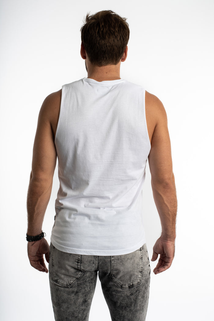 Rear view of a man in the white Successful Ribbed Tank, featuring a slim fit and crew neck for an effortless streetwear vibe.