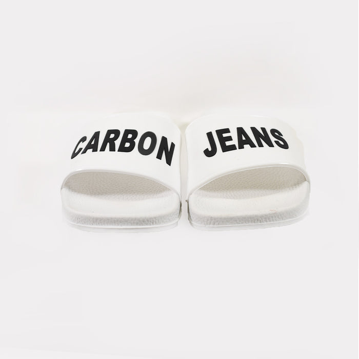 Carbon Jeans white platform flip flops with black logo lettering and non-slip textured footbeds for summer beach wear.