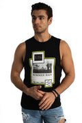 Carbon Jeans Summer Rain tank top in black, featuring a neon yellow box graphic and streetwear aesthetic for men.