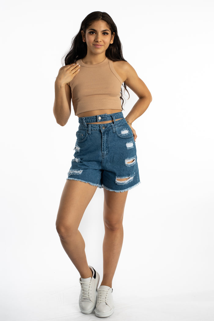 Model in Sunny blue washed denim shorts featuring a double waistband, distressed details, and frayed hem.