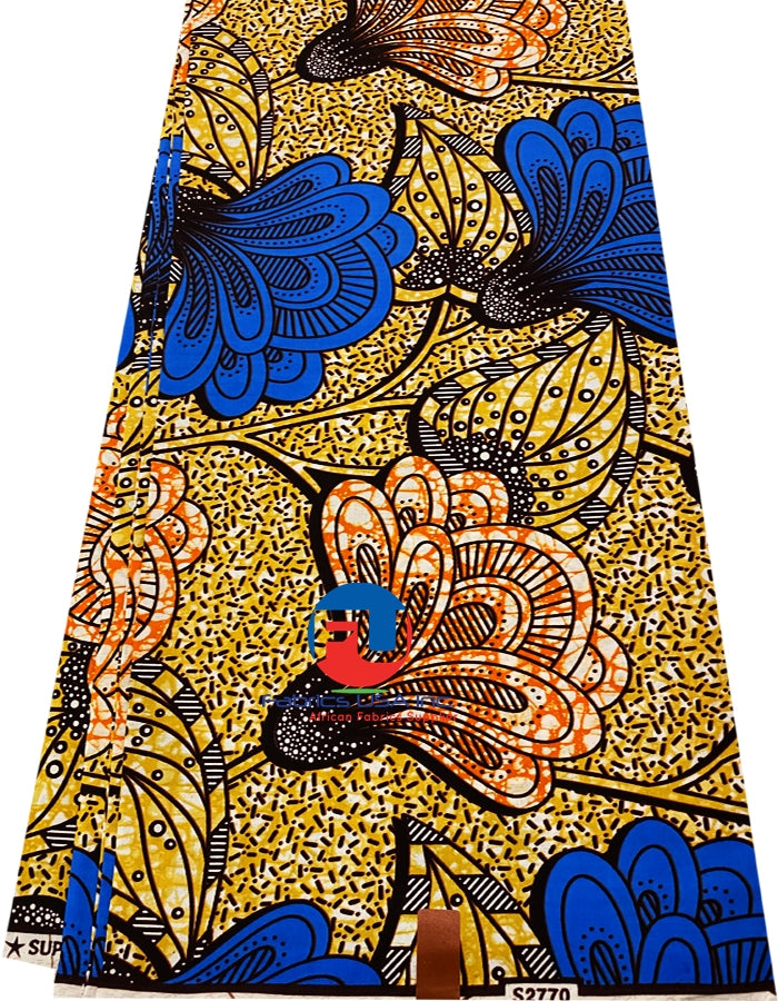 A piece of African Super Wax print fabric featuring a vibrant pattern with burn-orange, light-brown, purple-blue, cream, and burgundy colors on a yellow background.