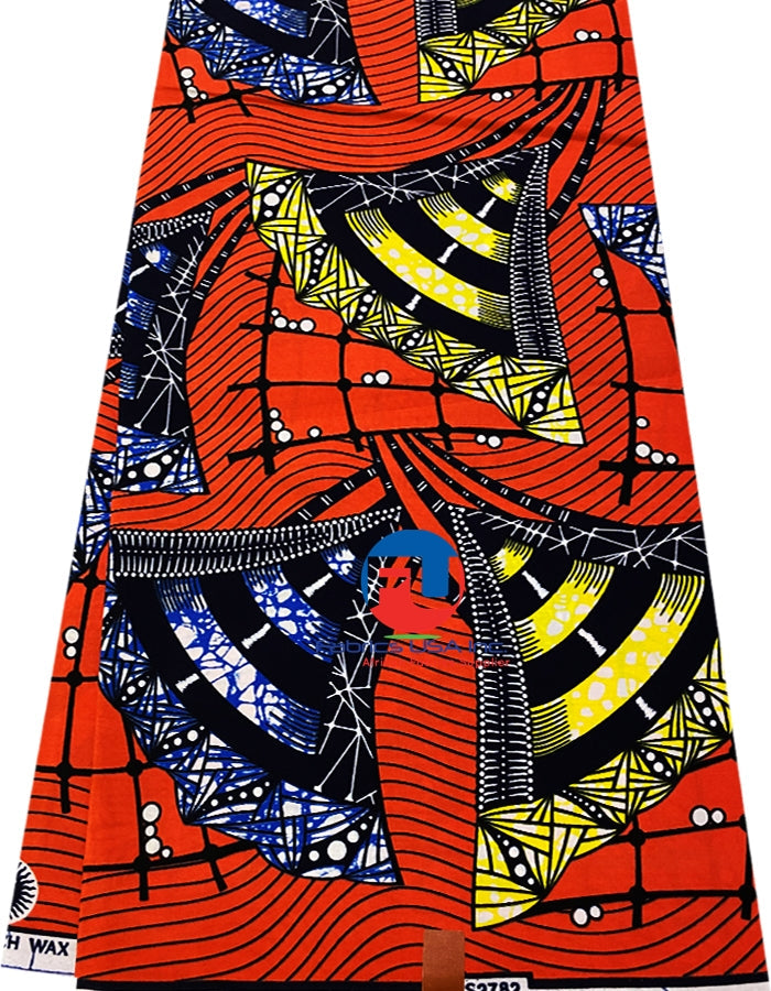 A piece of Dutch wax print fabric featuring geometric patterns in orange, yellow, blue, black, purple, and white colors.