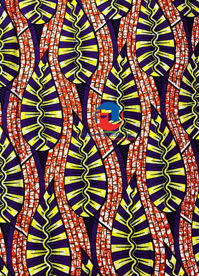 African Super Wax Print Fabric - Purple, Burn Orange, Yellow, White, Black