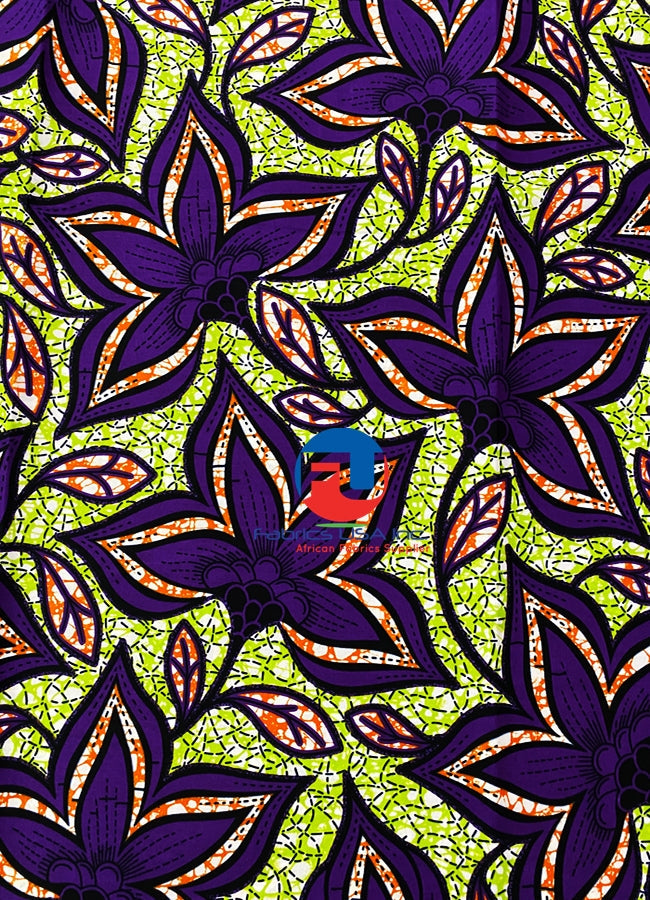 African Super Wax Print Fabric - Purple, Lime Green