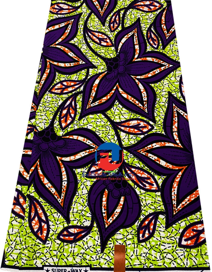 A piece of wax print fabric featuring geometric patterns in purple, lime green, and other colors on a vertical display.