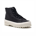 Black lace-up ankle boots with padded collar and white lug sole