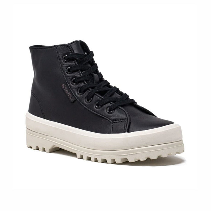 Black lace-up ankle boots with padded collar and white lug sole