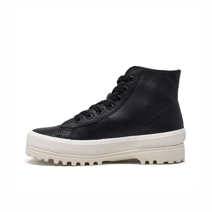 Black lace-up high-top boots with white outsole and thick tread