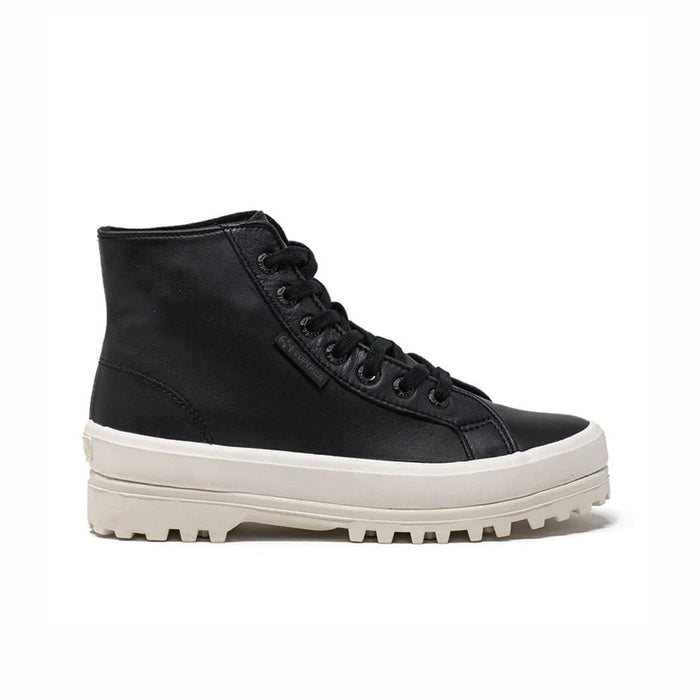 Black lace-up mid boots with side panel stitching and white lug sole