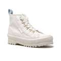 White lace-up high-top boots with padded collar and lug rubber sole