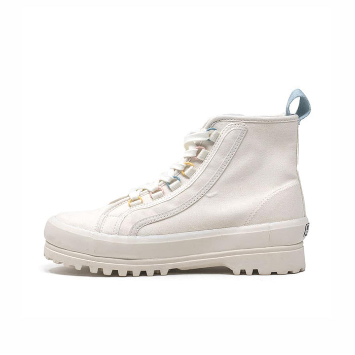 White high-top lace-up boots, side profile, with padded collar and lug sole