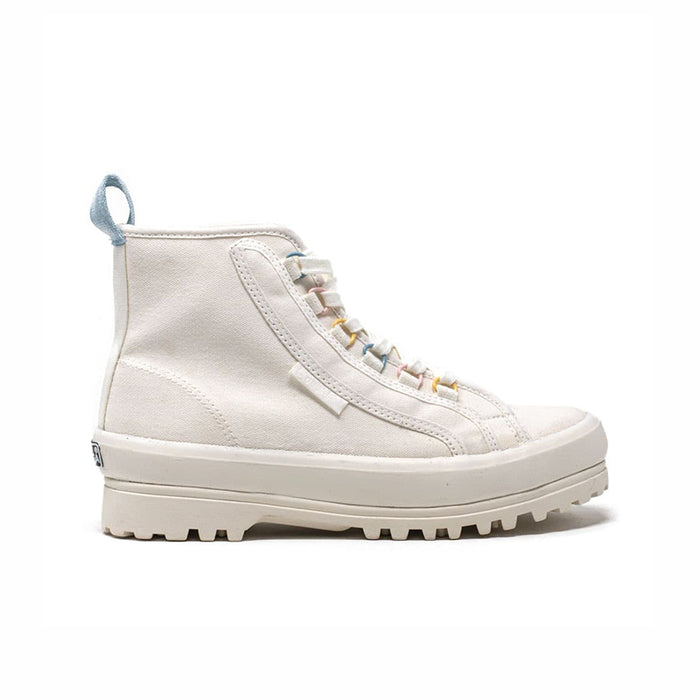 White high-top lace-up boots with thick rubber lug sole and side panel stitching