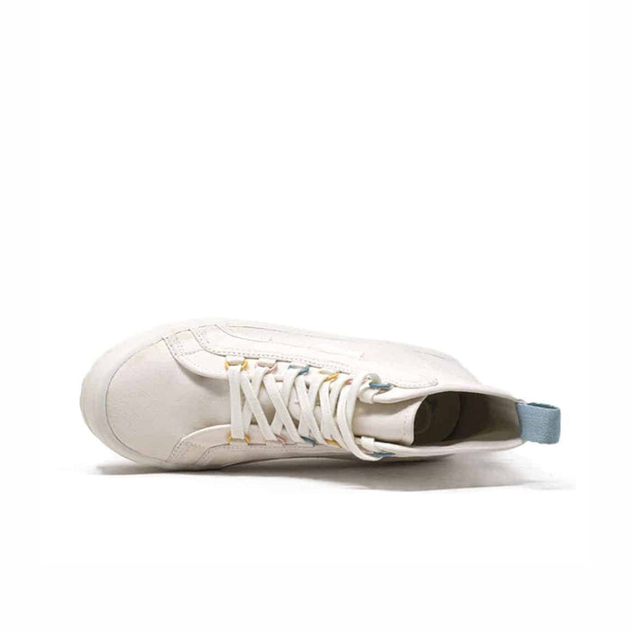 White high-top lace-up boot with blue inner collar and visible outsole