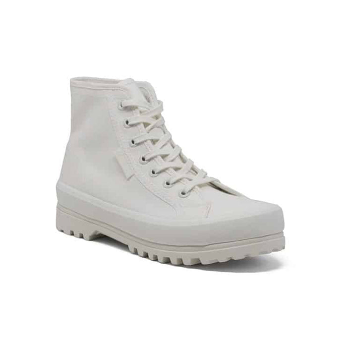 White women's lace-up ankle boot with padded collar and rubber lug sole