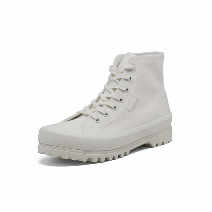White women's lace-up high-top boot with padded collar and treaded sole