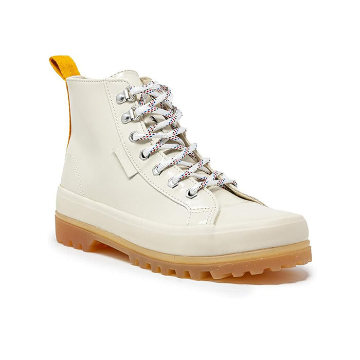 Beige leather lace-up women’s boots with lug sole and side pull tab