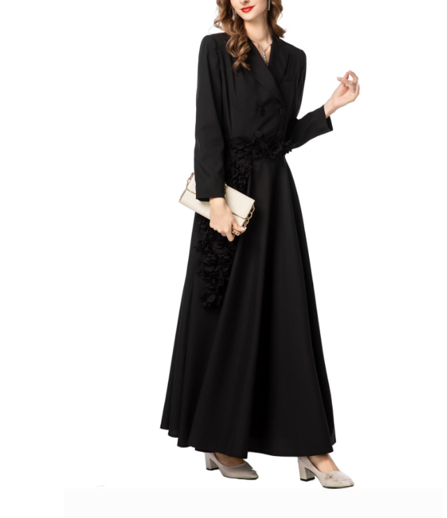 tailored double-breasted maxi dress with floral waist appliqué – ROSE