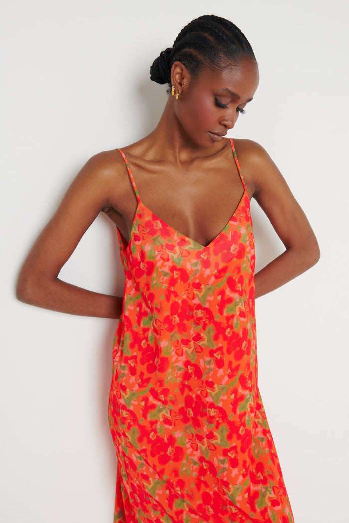 Tiana Trapeze Maxi Dress - Red and Orange Floral