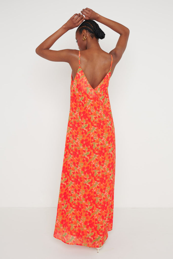 Tiana Trapeze Maxi Dress - Red and Orange Floral