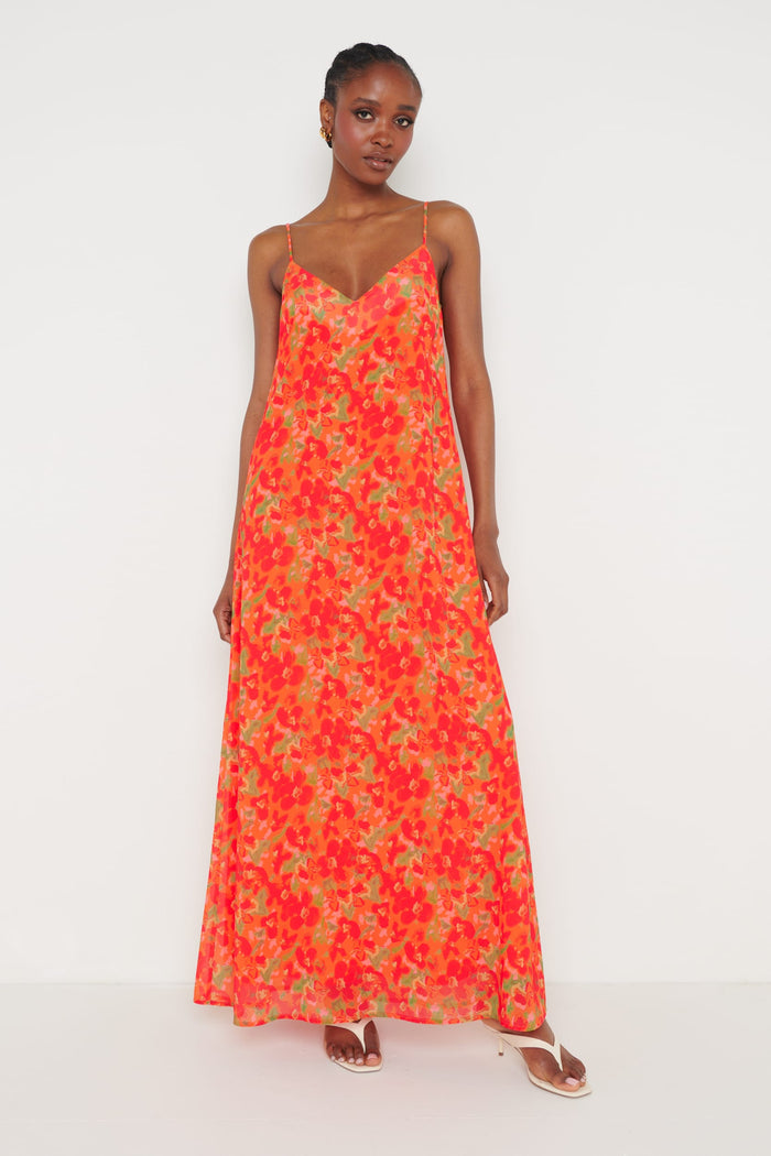Tiana Trapeze Maxi Dress - Red and Orange Floral