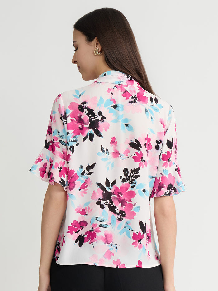 Plus Tie Neck Flutter Sleeve Blouse, Lily White Multi | Kasper