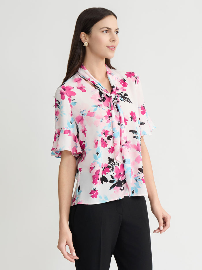Plus Tie Neck Flutter Sleeve Blouse, Lily White Multi | Kasper