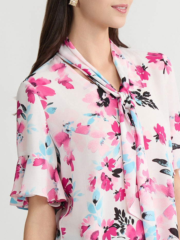 Plus Tie Neck Flutter Sleeve Blouse, Lily White Multi | Kasper