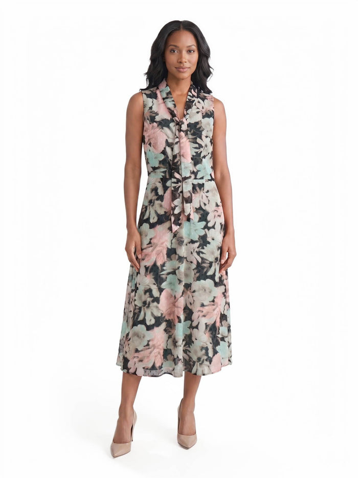 Tie Neck Printed Chiffon Dress, Dotted Black/Tearose Floral Multi | Kasper