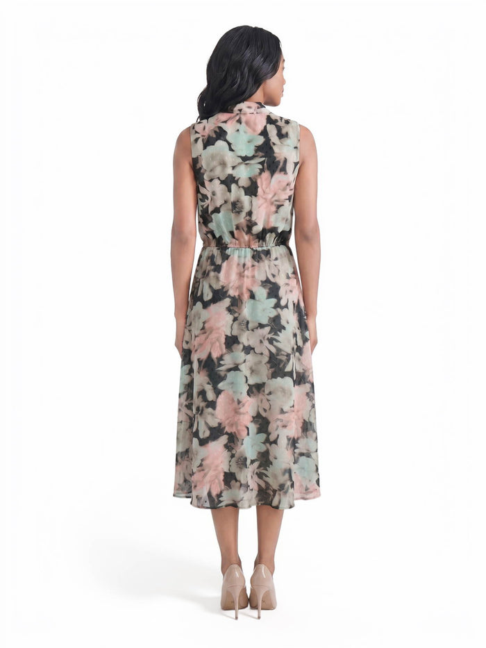 Tie Neck Printed Chiffon Dress, Dotted Black/Tearose Floral Multi | Kasper