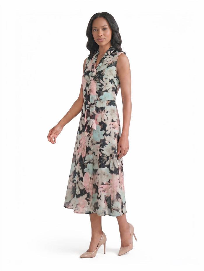 Tie Neck Printed Chiffon Dress, Dotted Black/Tearose Floral Multi | Kasper