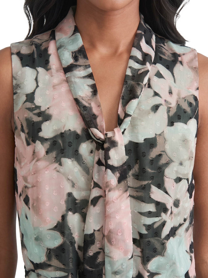 Tie Neck Printed Chiffon Dress, Dotted Black/Tearose Floral Multi | Kasper