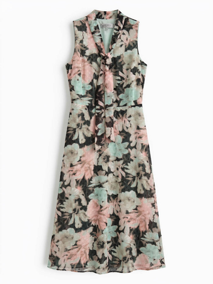Tie Neck Printed Chiffon Dress, Dotted Black/Tearose Floral Multi | Kasper