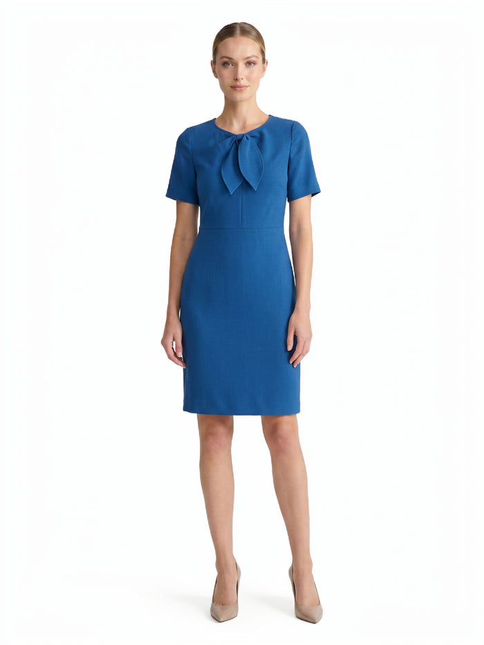 Tie Neck Sheath Dress, Stretch Crepe, Blue Night | Kasper