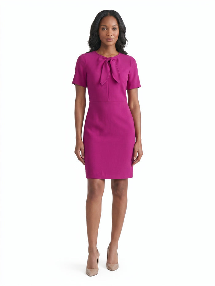 Tie Neck Sheath Dress, Stretch Crepe, Cerise | Kasper