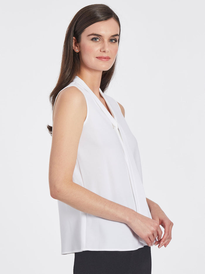 Sleeveless Bow Neck Crepe Blouse, White | Kasper
