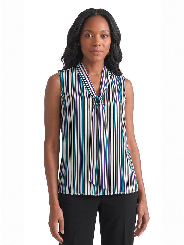 Tie Neck Sleeveless Blouse, Printed Satin, Bottle Teal Striped Multi | Kasper