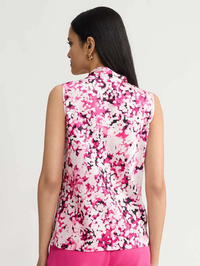 Petite Tie Neck Sleeveless Blouse, Printed Satin, Dotted Pink Perfection Multi | Kasper