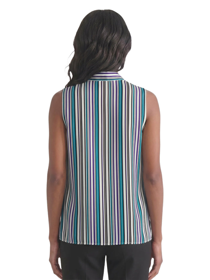 Tie Neck Sleeveless Blouse, Printed Satin, Bottle Teal Striped Multi | Kasper