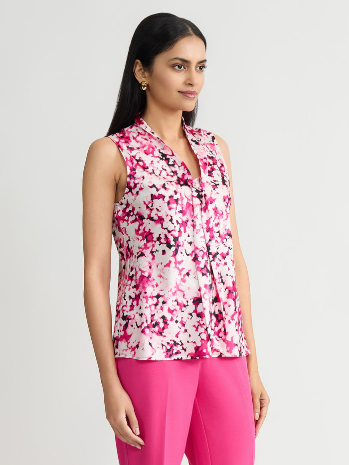 Petite Tie Neck Sleeveless Blouse, Printed Satin, Dotted Pink Perfection Multi | Kasper