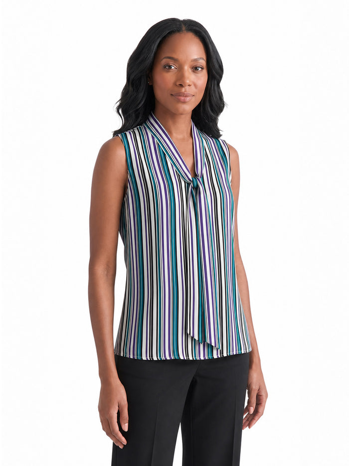 Tie Neck Sleeveless Blouse, Printed Satin, Bottle Teal Striped Multi | Kasper