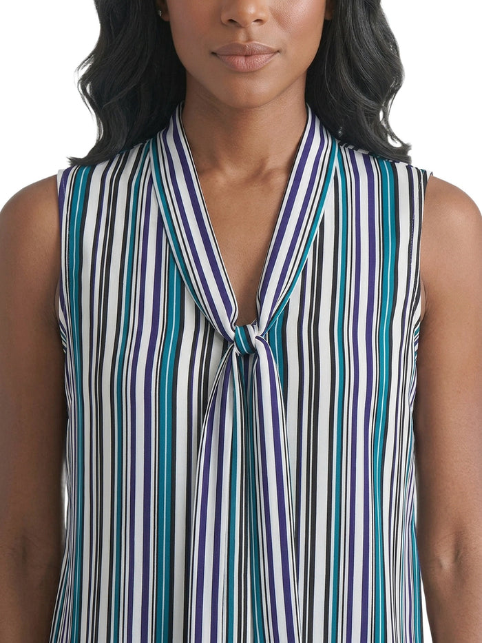 Tie Neck Sleeveless Blouse, Printed Satin, Bottle Teal Striped Multi | Kasper