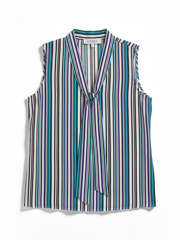 Tie Neck Sleeveless Blouse, Printed Satin, Bottle Teal Striped Multi | Kasper