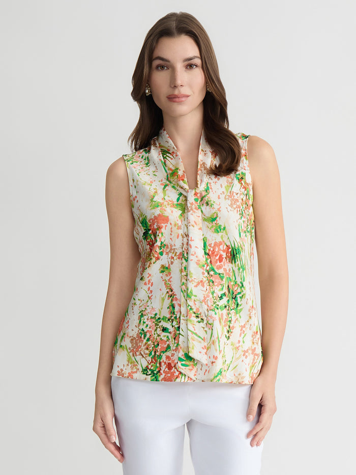 Petite Tie Neck Sleeveless Blouse, Satin, Botanical Vanilla Ice Multi | Kasper