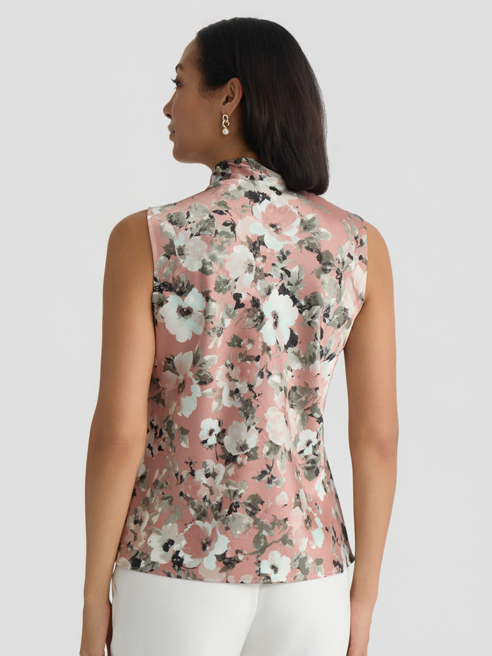 Petite Tie Neck Sleeveless Blouse, Satin, Tearose Floral Multi | Kasper