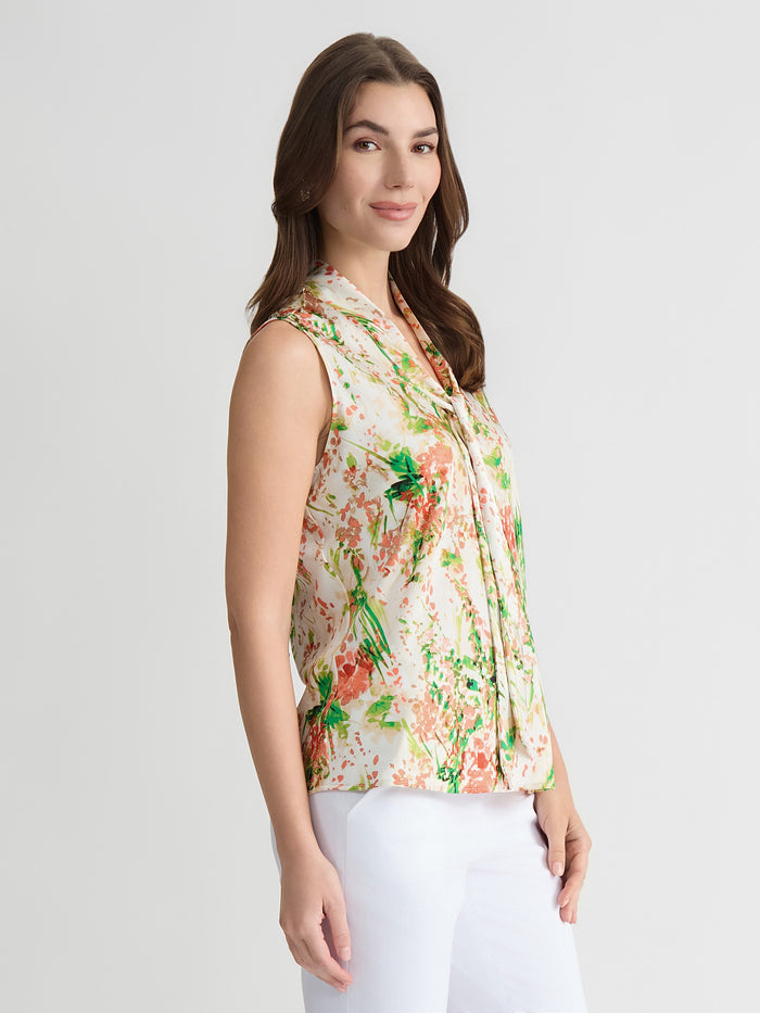Petite Tie Neck Sleeveless Blouse, Satin, Botanical Vanilla Ice Multi | Kasper