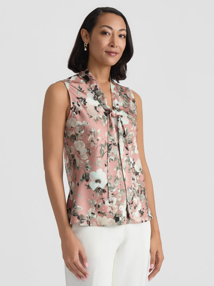 Petite Tie Neck Sleeveless Blouse, Satin, Tearose Floral Multi | Kasper