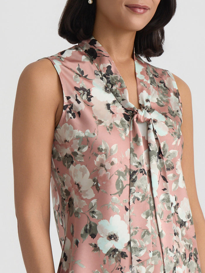 Petite Tie Neck Sleeveless Blouse, Satin, Tearose Floral Multi | Kasper