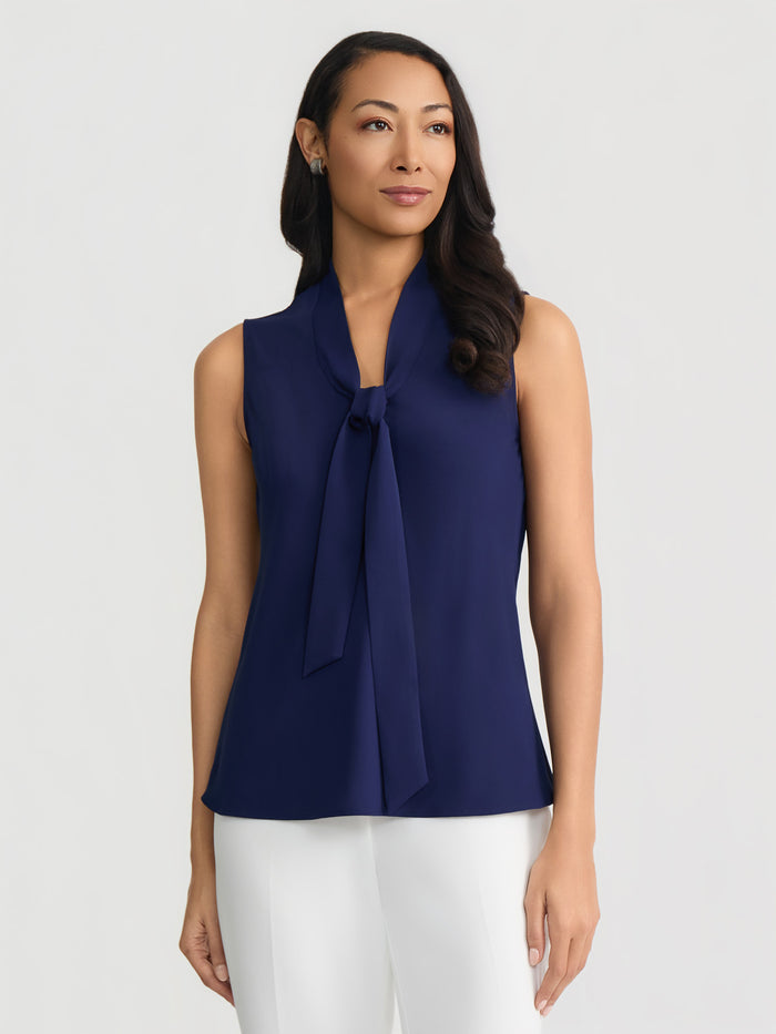 Tie Neck Sleeveless Blouse, Kasper Navy | Kasper