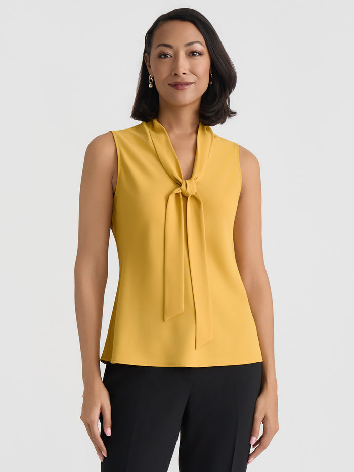 Tie Neck Sleeveless Blouse, Butterscotch | Kasper