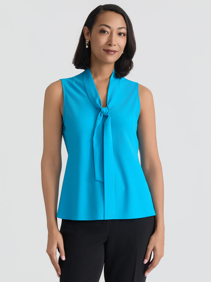 Tie Neck Sleeveless Blouse, Bright Azul | Kasper